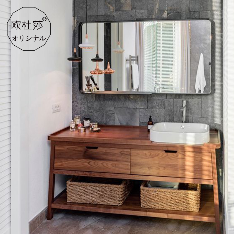 定制落地式浴室柜红橡木黑胡桃木日式中式复古北欧洗手盆柜洗脸盆