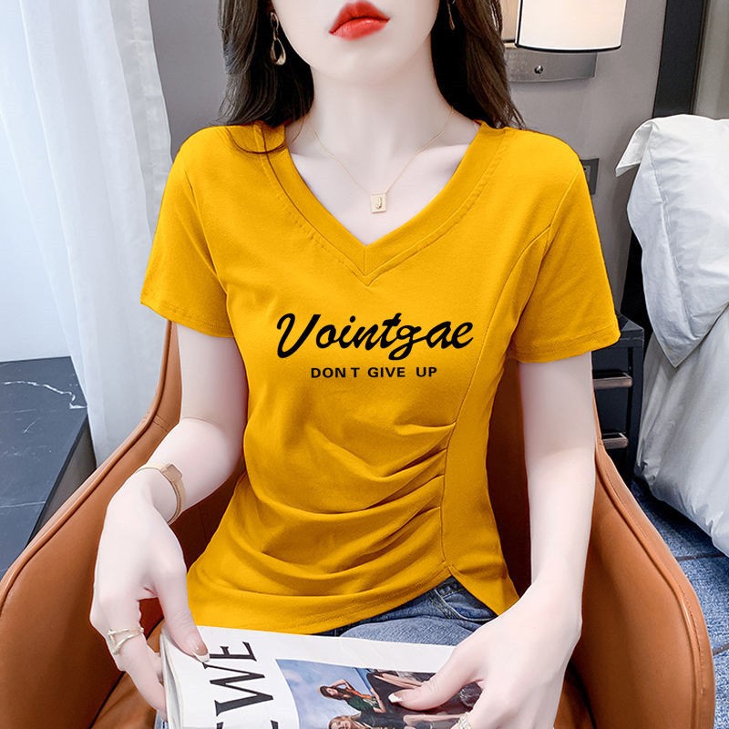 2024新款不规则短袖T恤女夏季韩版V领修身显瘦开叉印花打底上衣