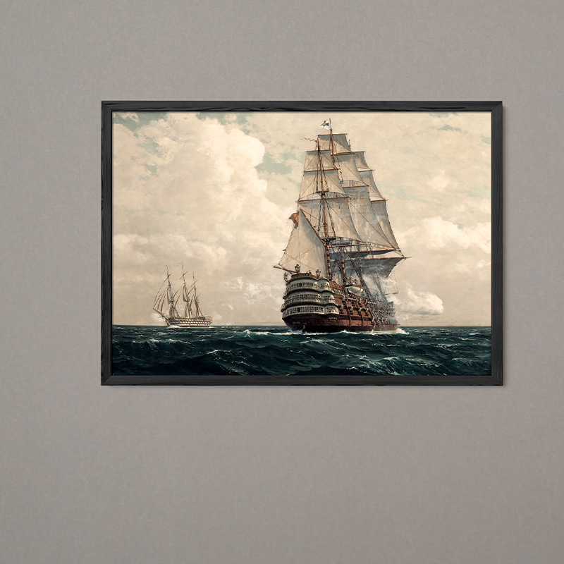 海浪中的战舰横款精致高清印制厚油画布无框客厅书房背景装饰画