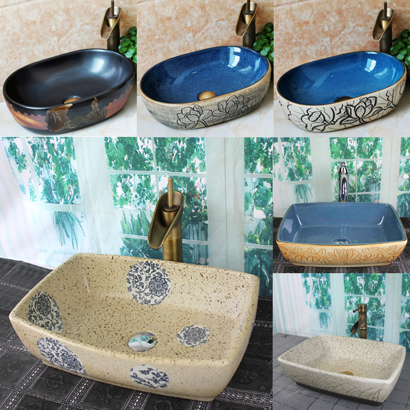 卫生间复古陶瓷台上盆洗手盆家用单盆长方形中式窄洗脸面盆洗漱池