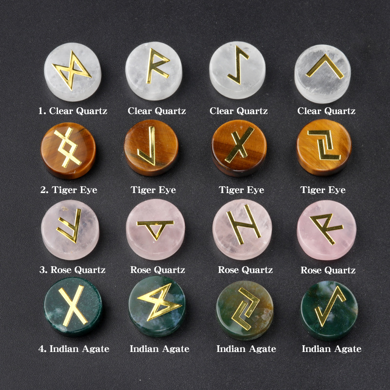 Runes天然水晶玛瑙卢恩字母圆片套装 北欧日耳曼语25颗一包如尼石