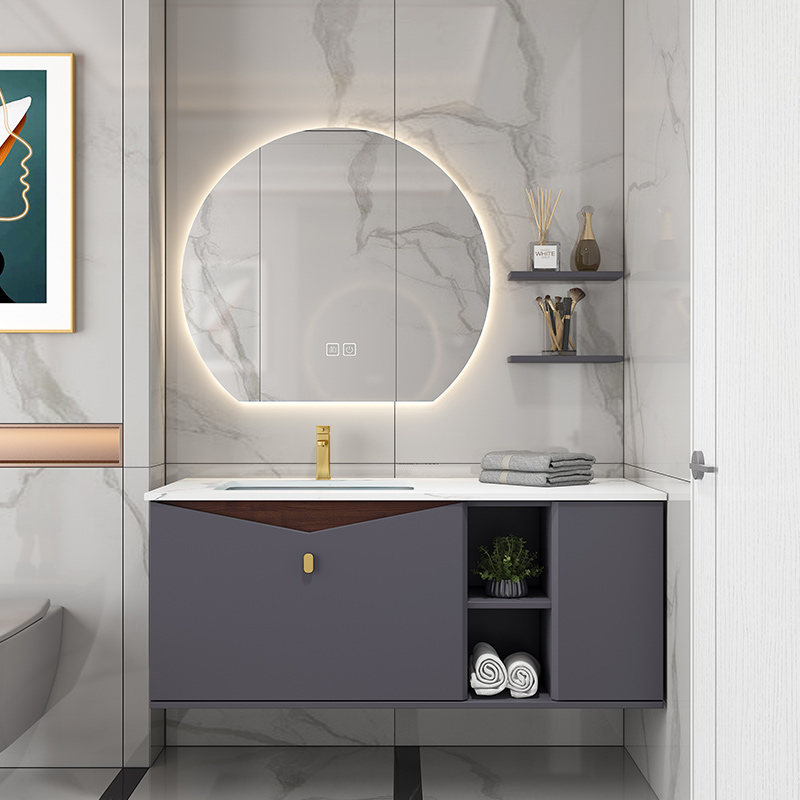 现代简约岩板浴室柜组合实木洗漱洗脸盆卫生间智能轻奢橡木洗手台