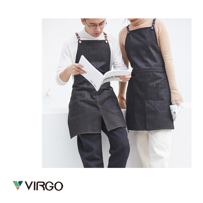Virgo个性设计开叉黑色牛仔围裙美发美甲咖啡师餐厅花艺定制logo