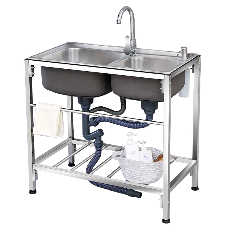 速发不锈钢简易水槽厨房洗菜盆双槽水池家用洗碗槽带支架洗手盆池