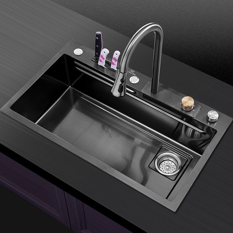 推荐304不锈钢单槽飞雨瀑布水槽刀架款阶梯纳米洗碗池厨房洗菜盆