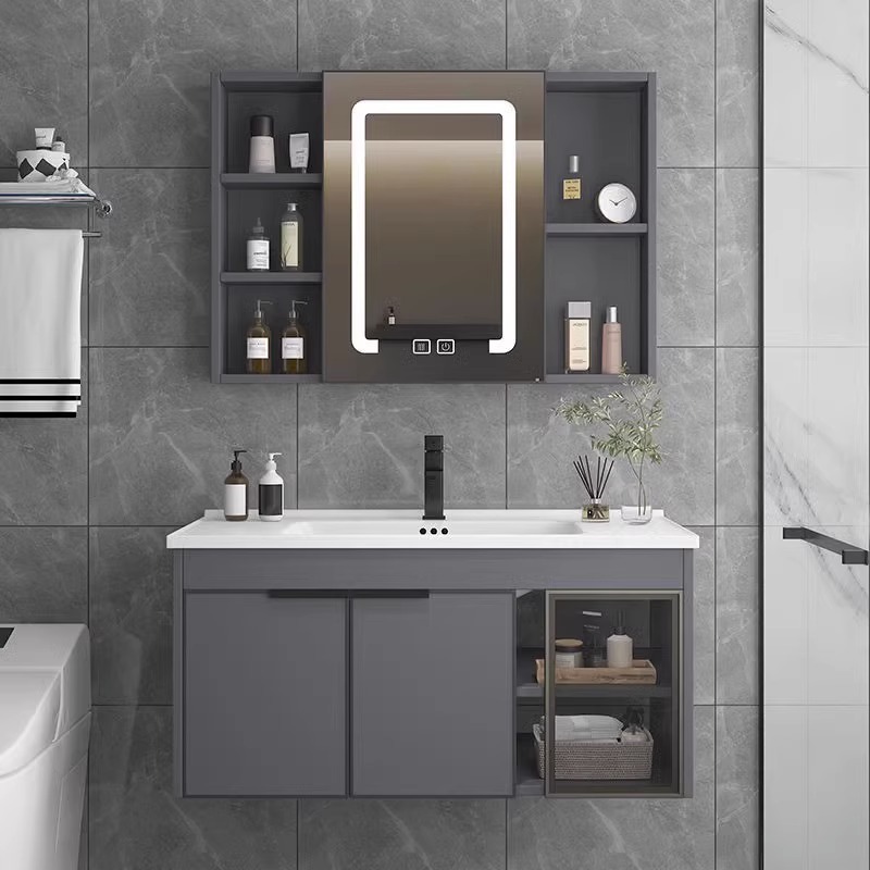 推荐现代简约浴室柜卫生间洗脸盆组合一体陶瓷洗手池太空铝洗漱台