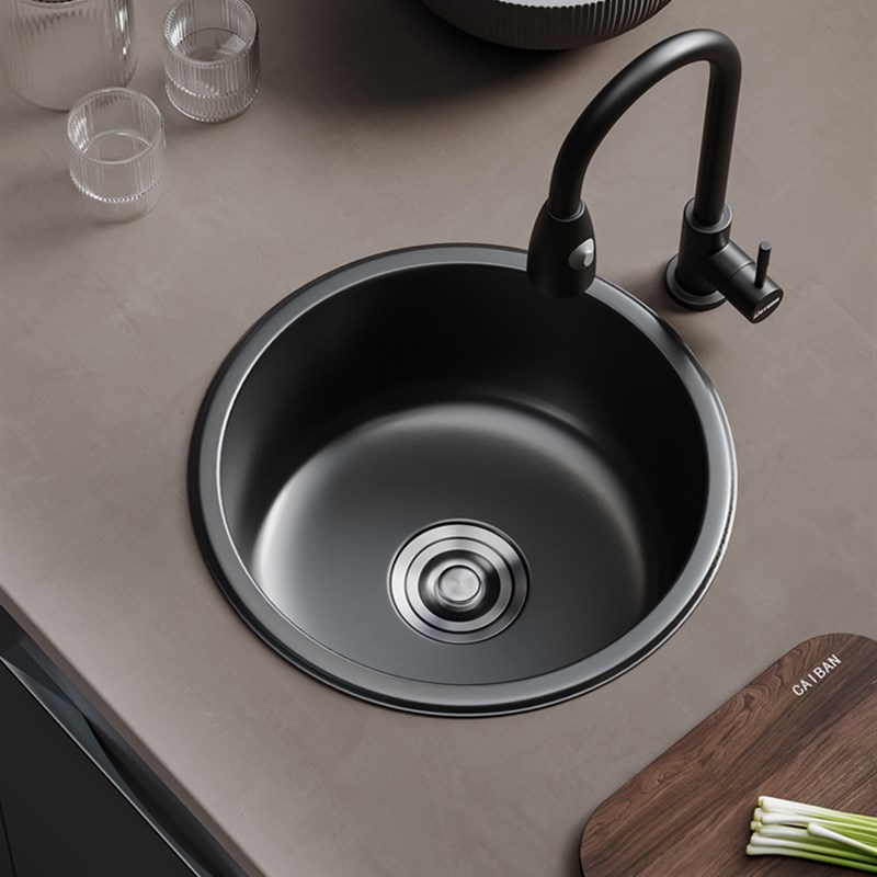 速发Detbom出口原款黑色不锈钢圆形小水槽单槽迷你吧台阳台厨房洗