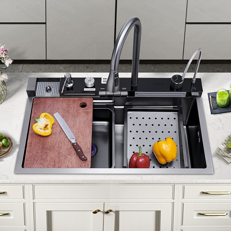 推荐厨房洗菜盆家用飞雨瀑布水槽大单槽数显304不锈钢手工盆洗碗