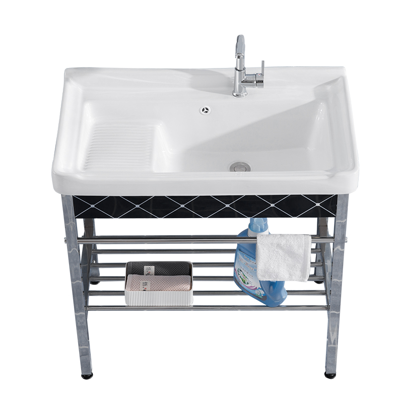 推荐不锈钢支架陶瓷洗衣盆卫生间台盆洗手池带搓板阳台超深水槽洗