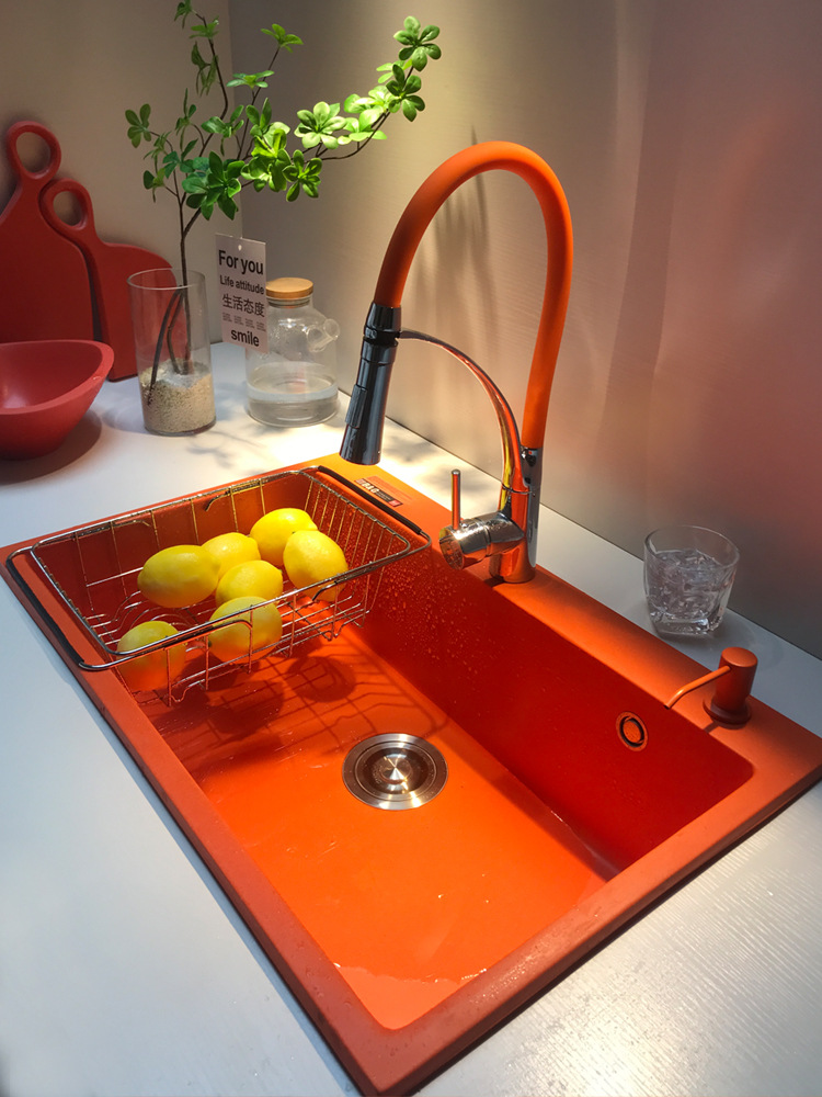 新款B4DR直供B&G橙色石英石水槽厨房中岛盆彩色洗菜盆花岗岩台中