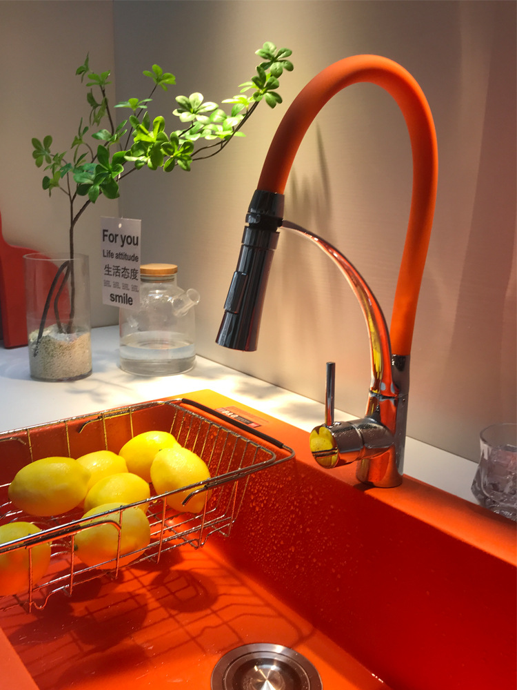 新款B&G橙色石英石水槽厨房中岛盆彩色洗菜盆花岗岩台中盆加