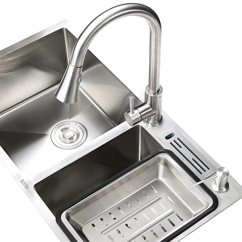 304不锈钢厨房水槽双槽水池一体加厚手工洗碗池家用单洗菜盆套餐
