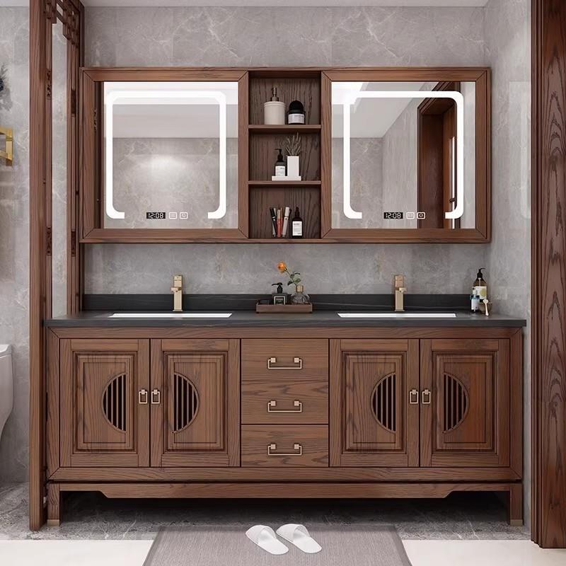 现代新中式浴室柜岩板智能红橡木实木开放漆洗脸盆柜洗漱台卫浴柜