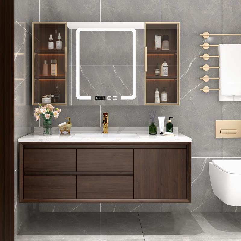 定制 浴室柜组合新中式橡木实木一体陶瓷盆卫生间洗脸洗手盆柜卫