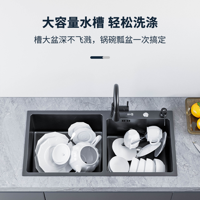 黑色纳米304不锈钢水槽双槽厨房洗菜盆家用手工加厚大洗碗池