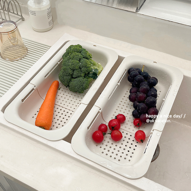 ins简约米白长方形可伸缩沥水篮水槽架洗菜盆洗水果篮控水盆菜篮