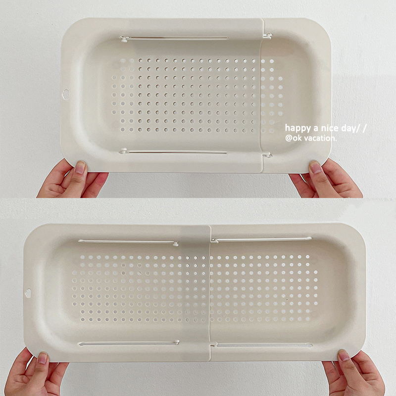 ins简约米白长方形可伸缩沥水篮水槽架洗菜盆洗水果篮控水盆菜篮