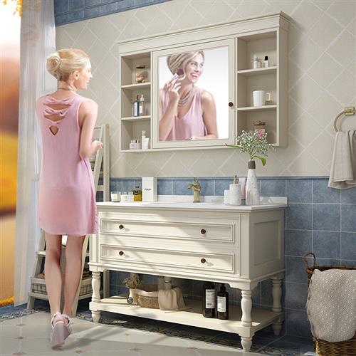 美式浴室柜组合实木落地式岩板洗脸盆池洗漱台镜柜卫生间洗手盆柜