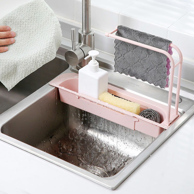 可伸缩水槽沥水架 厨房水池置物架洗碗洗菜篮 挂式塑料抹布收纳架