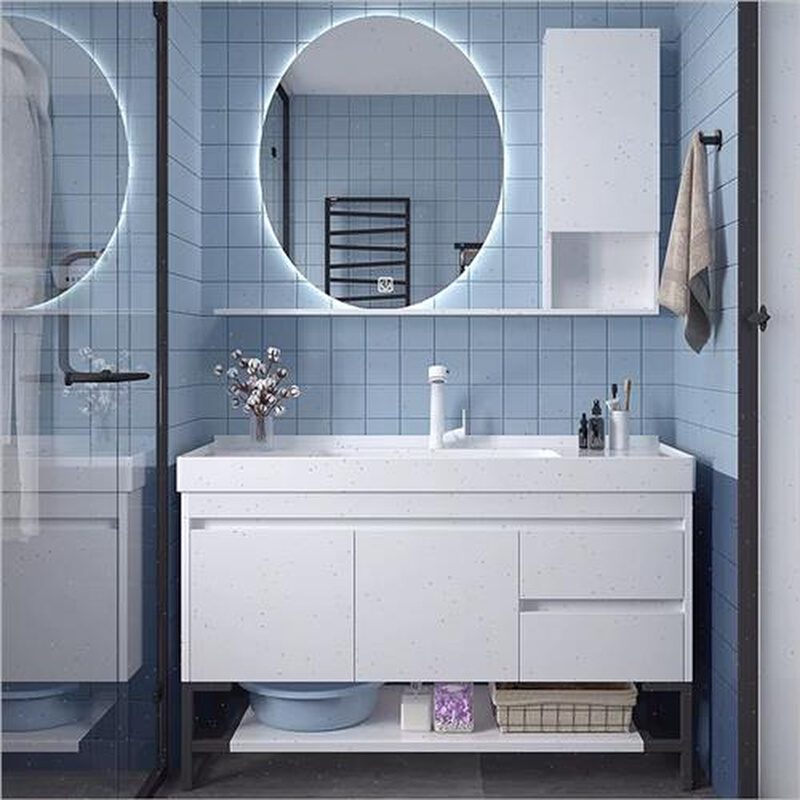 轻奢风橡木落地柜吊柜镜柜组合一体陶瓷盆智能卫生间洗手台洗面盆