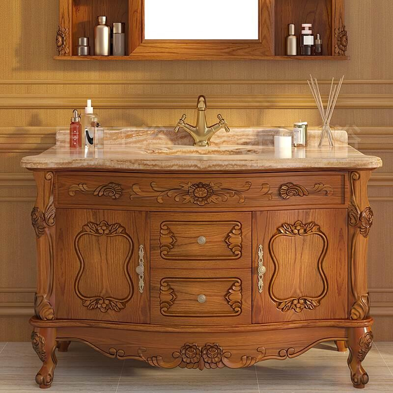 欧式浴室柜红橡木仿古卫浴柜实木洗漱台卫生间大理石洗手盆柜组合