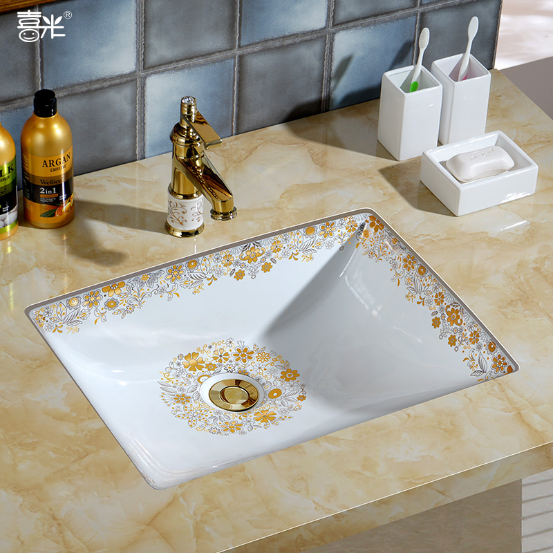 金色欧式椭圆方形陶瓷台下盆嵌入式石下盆洗手洗脸盆洗面盆洗手槽