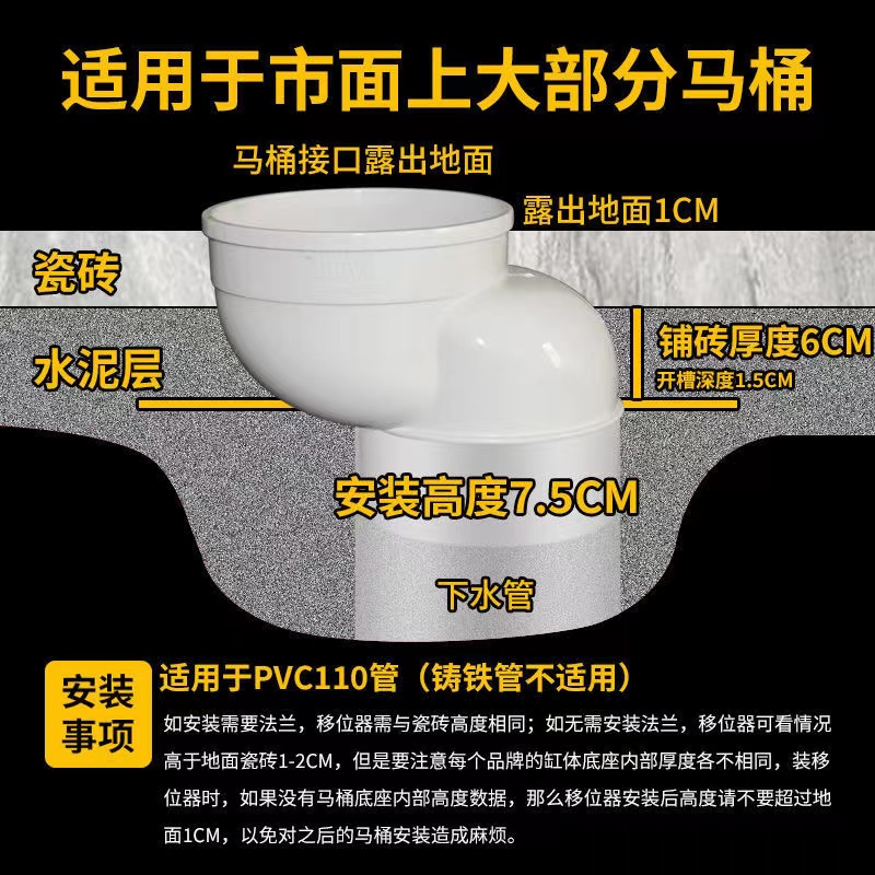 马桶移位器一体式免挖坑厕所PVC110下水排水管不挖地75坐便平移50