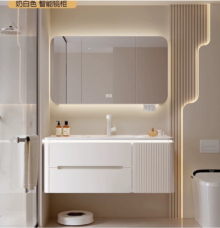 现代新款岩板热弯一体盆橡木烤漆圆角浴室柜组合卫生间洗脸洗漱台