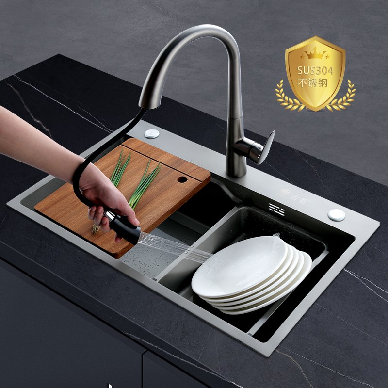 304不锈钢水槽大单槽黑色加厚z洗碗槽带沥水篮家用厨房手工洗菜盆