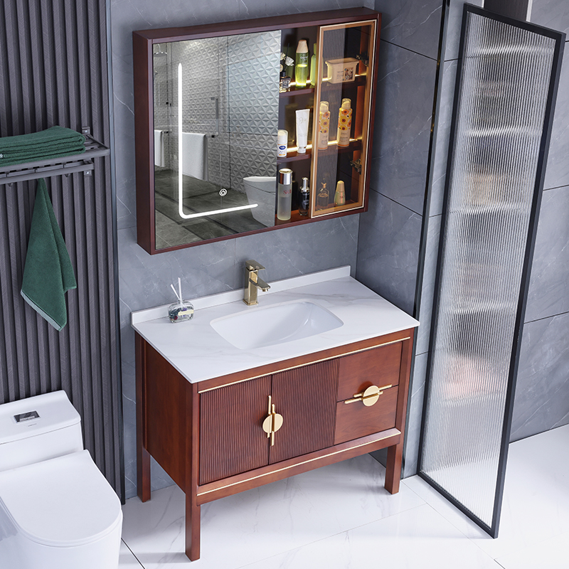 实木橡木浴室柜组合新中式落地卫浴柜洗脸盆岩板台下盆智能镜镜柜