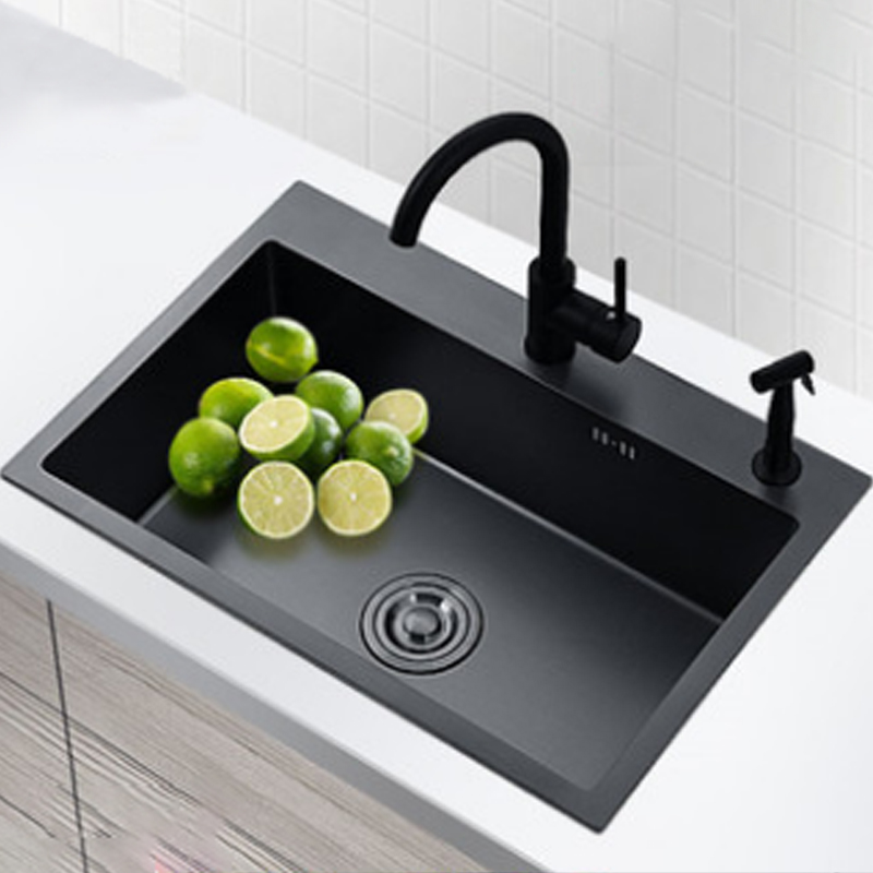 黑色厨房纳米水槽不锈钢手工单槽洗菜洗碗池加厚大单盆台上下 304