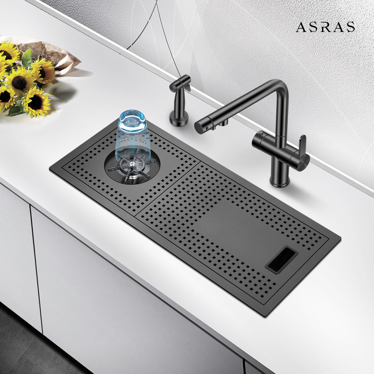 阿萨斯黑色纳米304不锈钢全自动嵌入洗杯器水槽高压奶茶吧台单槽