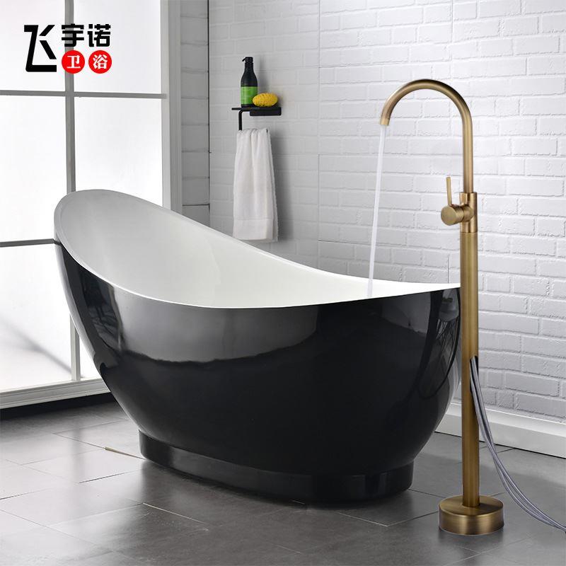 落地式立柱盆浴缸全铜家用龙头立式淋浴木桶缸边黑色冷热水龙头