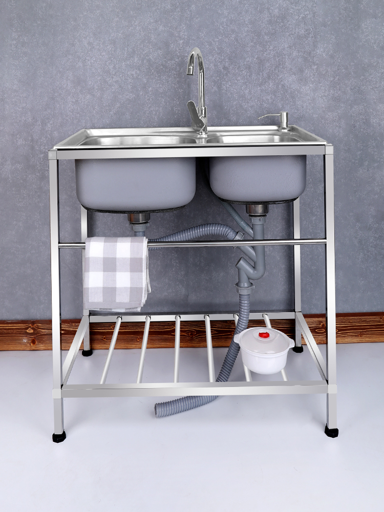 家用厨房水槽304不锈钢洗菜盆双槽带支架水池洗碗槽洗手盆池架子