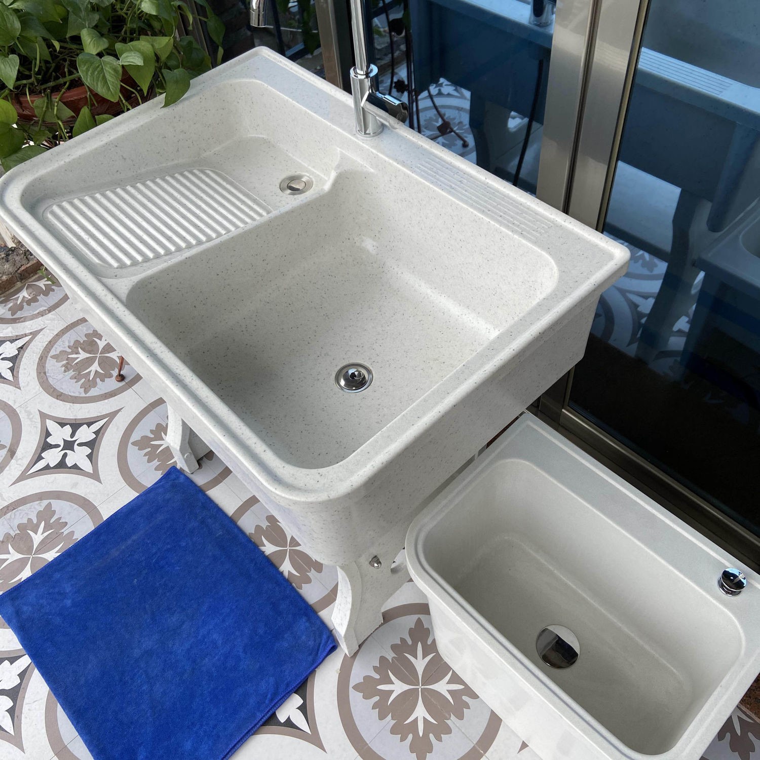 石英石洗衣池阳台家用洗衣台带搓板大理石洗衣槽一体成型水池水槽