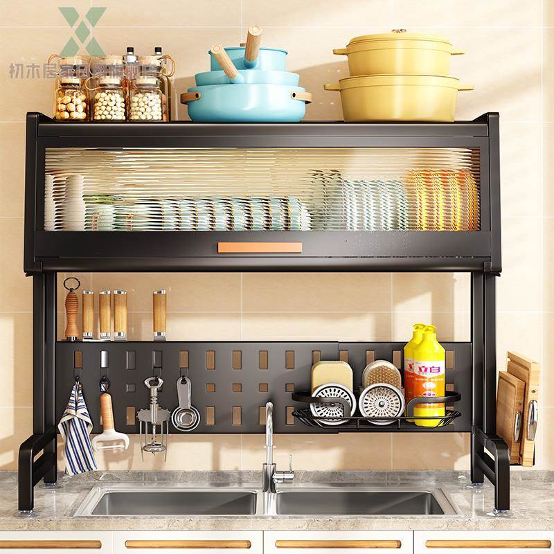 厨房多功能可伸缩水槽置物架台面收纳碗柜带门碗碟盘沥水架储物柜
