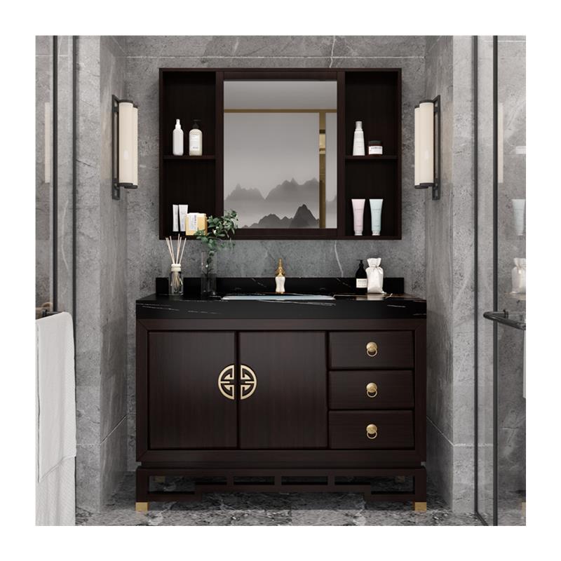 新中式橡木浴室柜组合洗手盆卫生间洗漱台岩板洗脸台盆实木卫浴柜