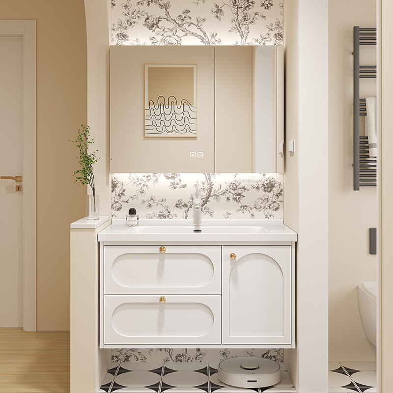 法式奶油风橡木浴室柜组合陶瓷一体盆洗漱台化妆室洗手池洗脸盆柜