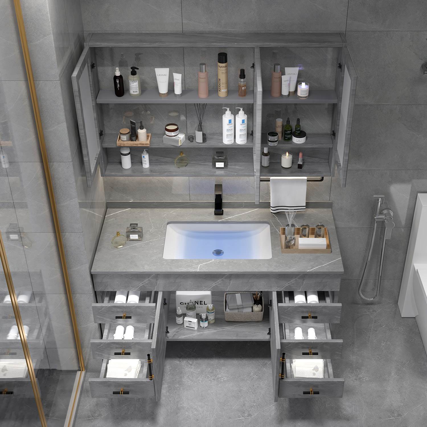 浴室柜组合轻奢简约岩板台面卫生间洗脸盆洗手台盆柜实木智能镜柜