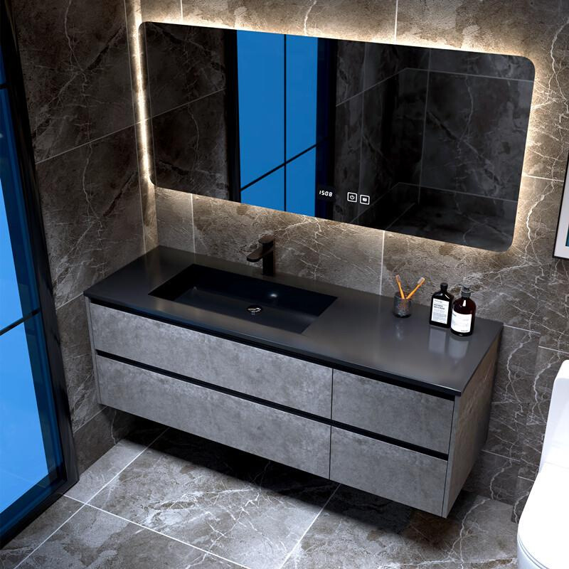简约现代岩板陶瓷一体盆浴室镜柜组合卫生间实木洗脸盆洗漱台盆柜