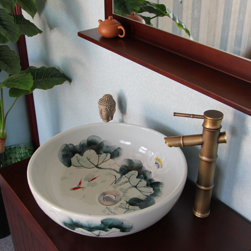 新中式橡木浴室柜台上盆古典实木卫浴柜落地小户型茶水洗脸台盆柜