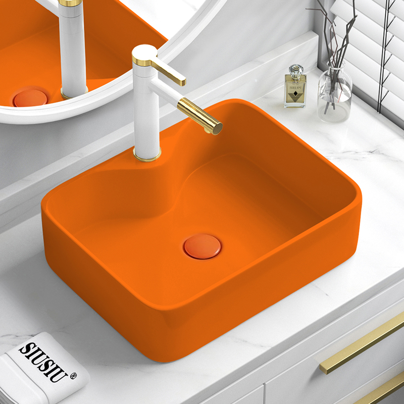 网红北欧哑光橙色台上盆家用方形洗手盆单盆创意酒店洗脸盆洗面盆