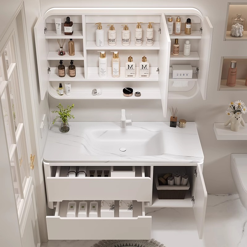 岩板热弯一体盆浴室柜组合洗脸盆柜卫生间洗漱台实木智能镜卫浴柜