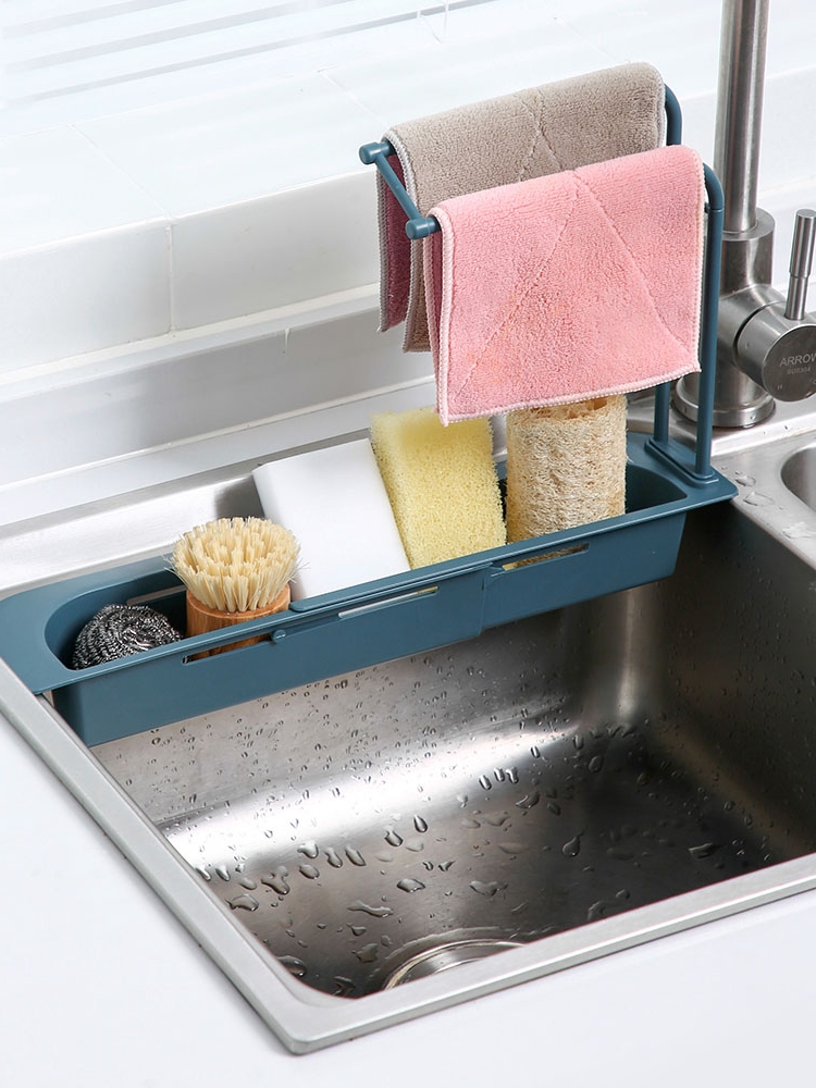可伸缩水槽沥水架 厨房水池置物架洗碗洗菜篮 挂式塑料抹布收纳架