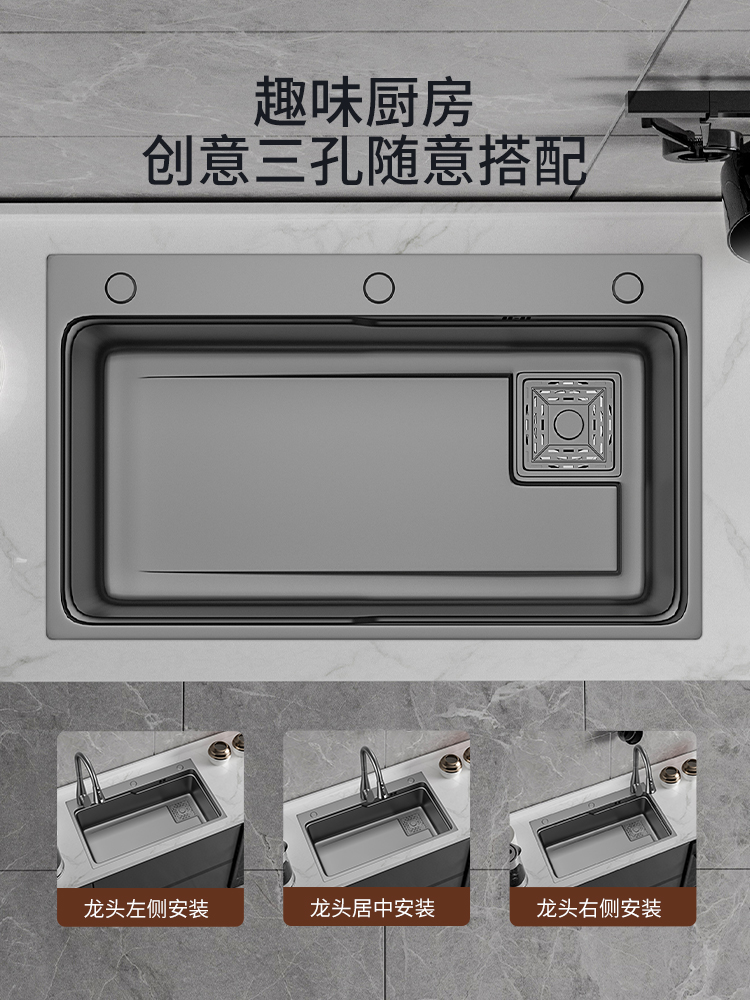 统正枪灰色304不锈钢厨房水槽洗菜盆洗碗池手工盆台上加厚大单槽Q