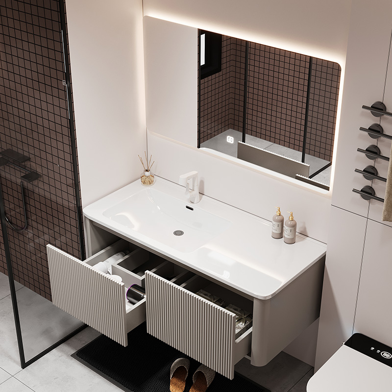 现代简约陶瓷一体盆浴室柜组合实木洗漱台卫生间镜柜洗手盆洗脸池