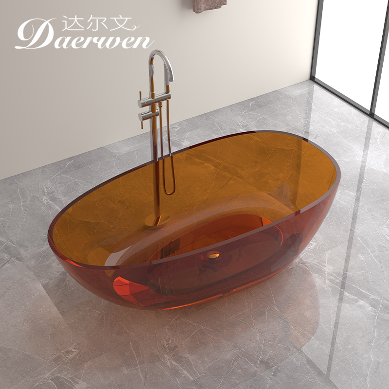 达尔文水晶透明树脂彩色薄边款浴缸水滴蛋形人造石一体独立浴缸