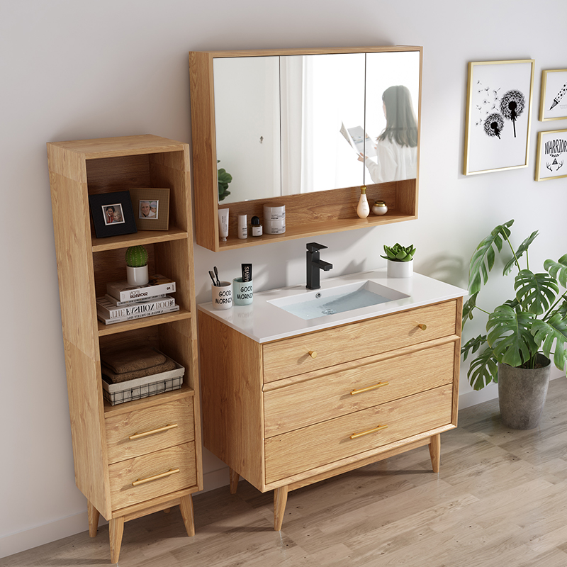 北欧日式现代简约实木浴室柜组合落地式洗脸洗手池洗漱台盆卫生间