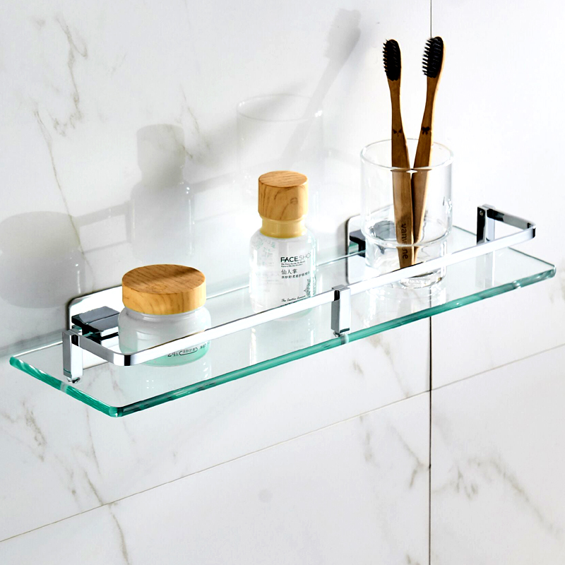 速发浴室厕所卫生间镜前下钢化玻璃洗手洗脸盆置物架免打孔壁挂洗