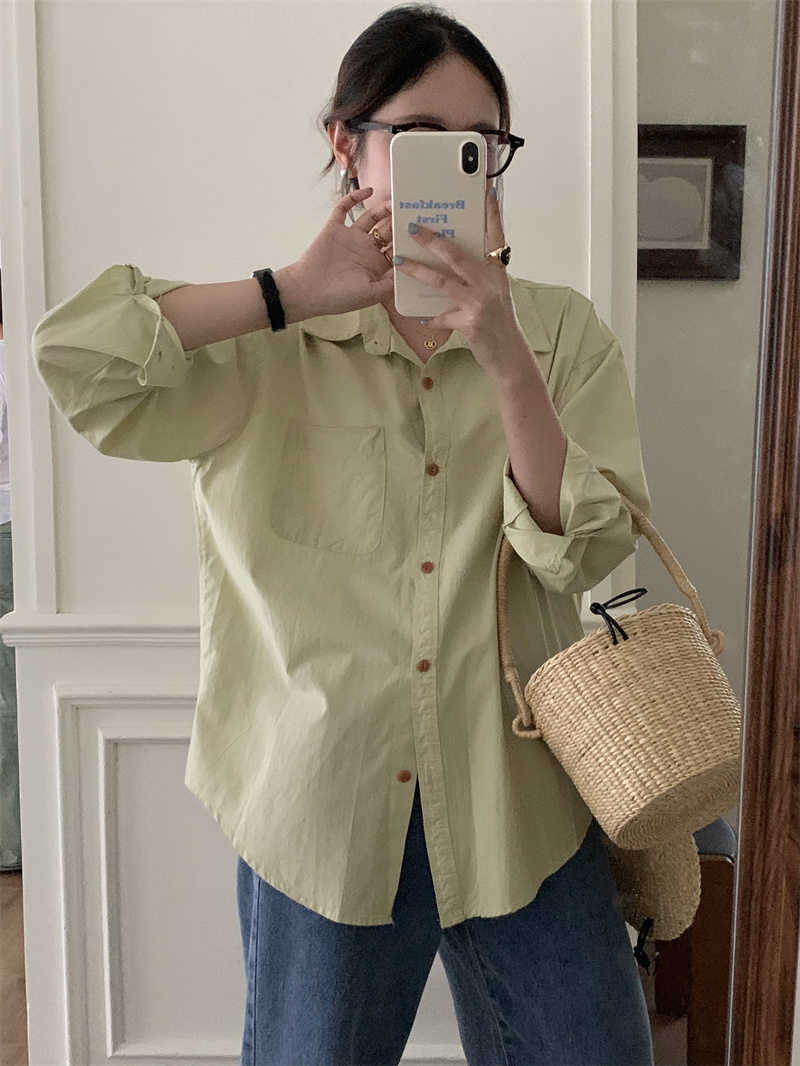 2024春季新款韩版休闲纯色单排扣长袖衬衫